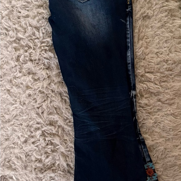 Cowgirl Tuff Dark Wash Flare Jeans with Turquoise & Red Embroidery - Picture 2 of 5